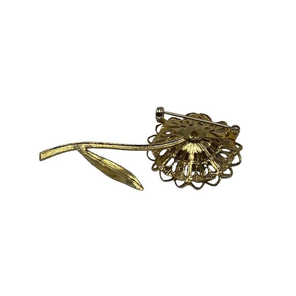 Vintage Brooch Flower Faux‎ Pearl Center Open Filigree Metal Work Gold Tone Pin - Picture 7 of 9